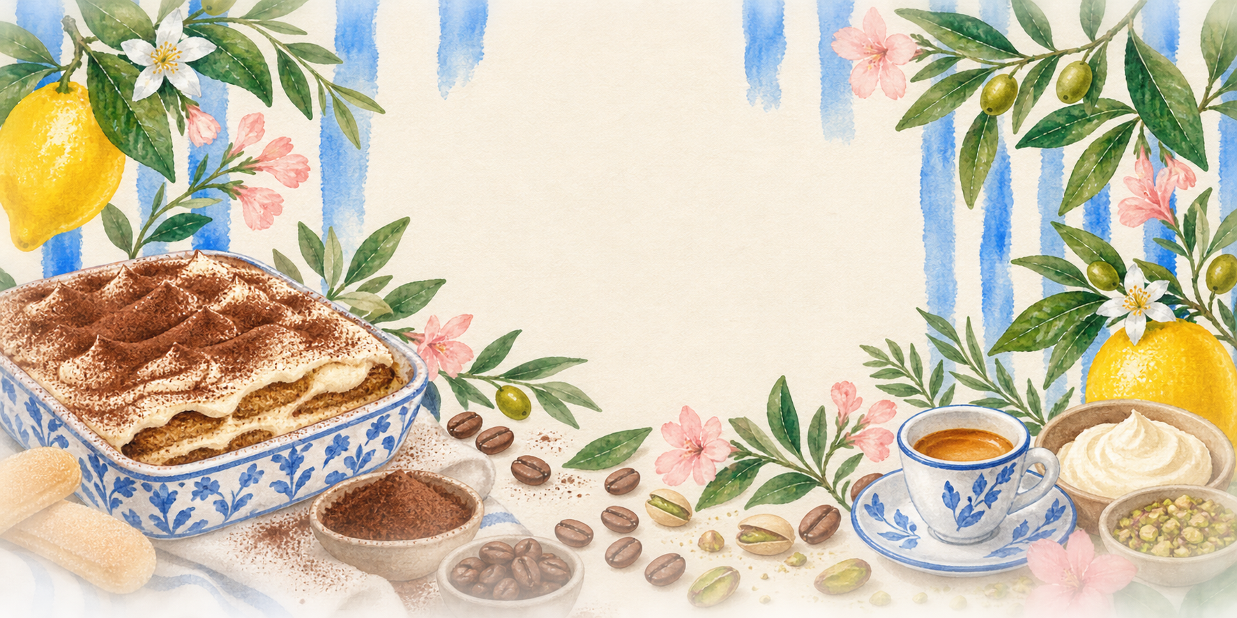 Illustration aquarelle d'un tiramisu, d'un espresso et de pistaches